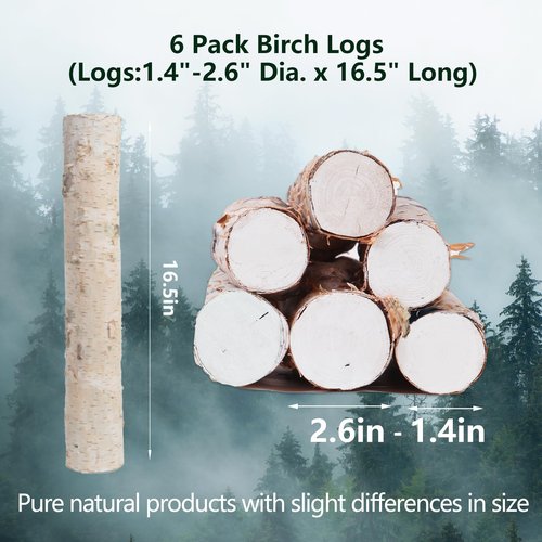 6 Pack Birch Logs Decorative Natural Birch Log for Decoration,Crafts,DIY,White Birch Logs for Fireplace Decor Firewood(Logs:1.4"-2.6" Dia. x 16.5" Length)