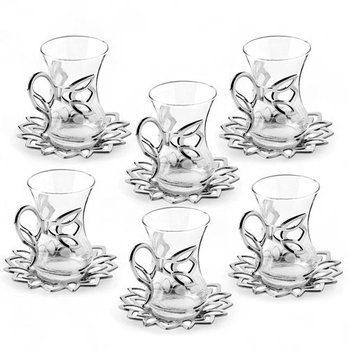 Alisveristime (Set of 6) Turkish Tea Set with Zamac Holders, Glass Cups & Saucers – 100ml Capacity, Ottoman Style, 4 Color Options (Silver)