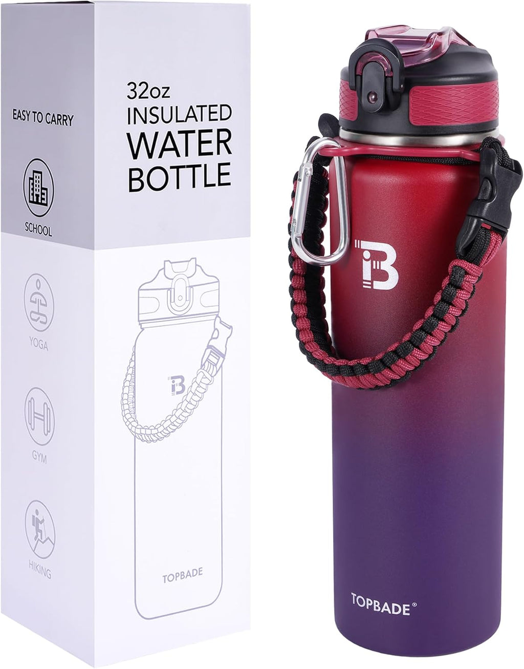 Skiennix 32oz Insulated Water Bottle - Double Wall Stainless Steel with Straw Lid & Paracord Handle