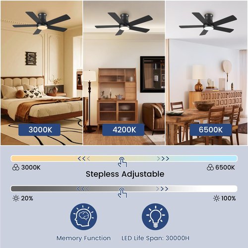 Autoday 42 Inch Ceiling Fans with Lights and Remote - Black Ceiling Fan with Light Low Profile, Flush Mount Indoor Outdoor Ceiling Fans for Patios Bedroom, 6 Speeds Reversible Quiet DC, 3CCT Dimmable