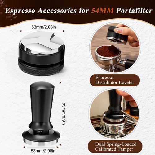 54mm Espresso Accessories Kit, 7 PCS Espresso Tamper Tools, WDT Tool Set with Coffee Tamper, Distributor, Dosing Funnel, Stirrer, Puck Screen, Brush & Wood Tamping Station - Fits 54mm Portafilter