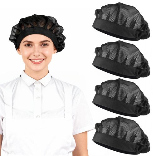 4 Pcs Mesh Chef Hats Adjustable Cooking Hat Black Elastic Chef Cap for Women Food Service Workers, Reusable Washable Breathable