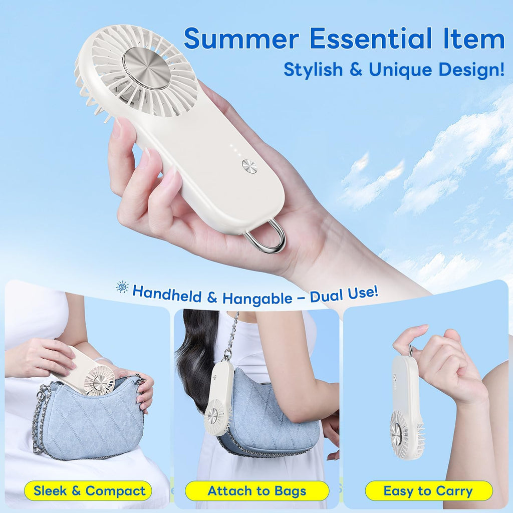 Skiennix Handheld Mini Fan - Portable USB Rechargeable Cooling Fan with 5 Speeds | Cute Design for Travel & Makeup - White