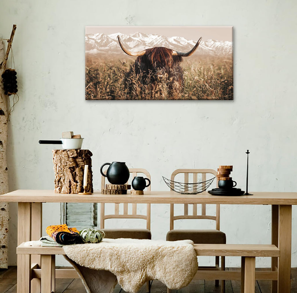 DJSYLIFE Highland Cow Wall Art Farmhouse Decor Canvas Printed Country Cow Pictures Western Rustic Modern Artwork Decorations for Bedroom Office Living Room Framed Ready to Hang 20" x 40"