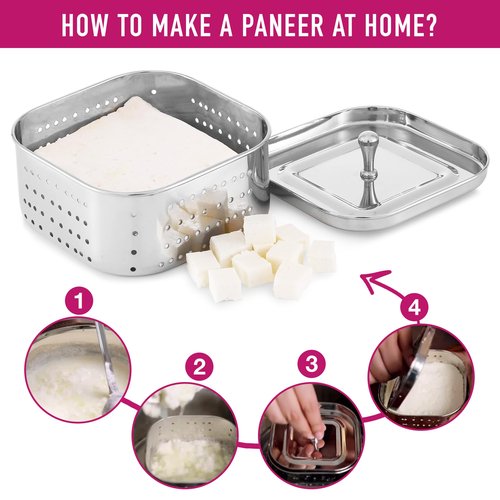 KSJONE Stainless Steel Square Paneer Maker/Mould/Strainer Perfect for Making Delicious Tofu, Stainless Steel Paneer Maker with Top Pressing Lid - Size 5.11"W x 5.11"L x 2.3"H inches