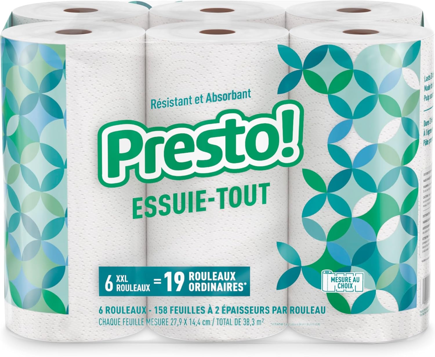 Presto! Ultra-Strong Premium Paper Towels - Flex-a-Size, 158 Sheets, 12 Huge Rolls (2 Packs of 6) | White