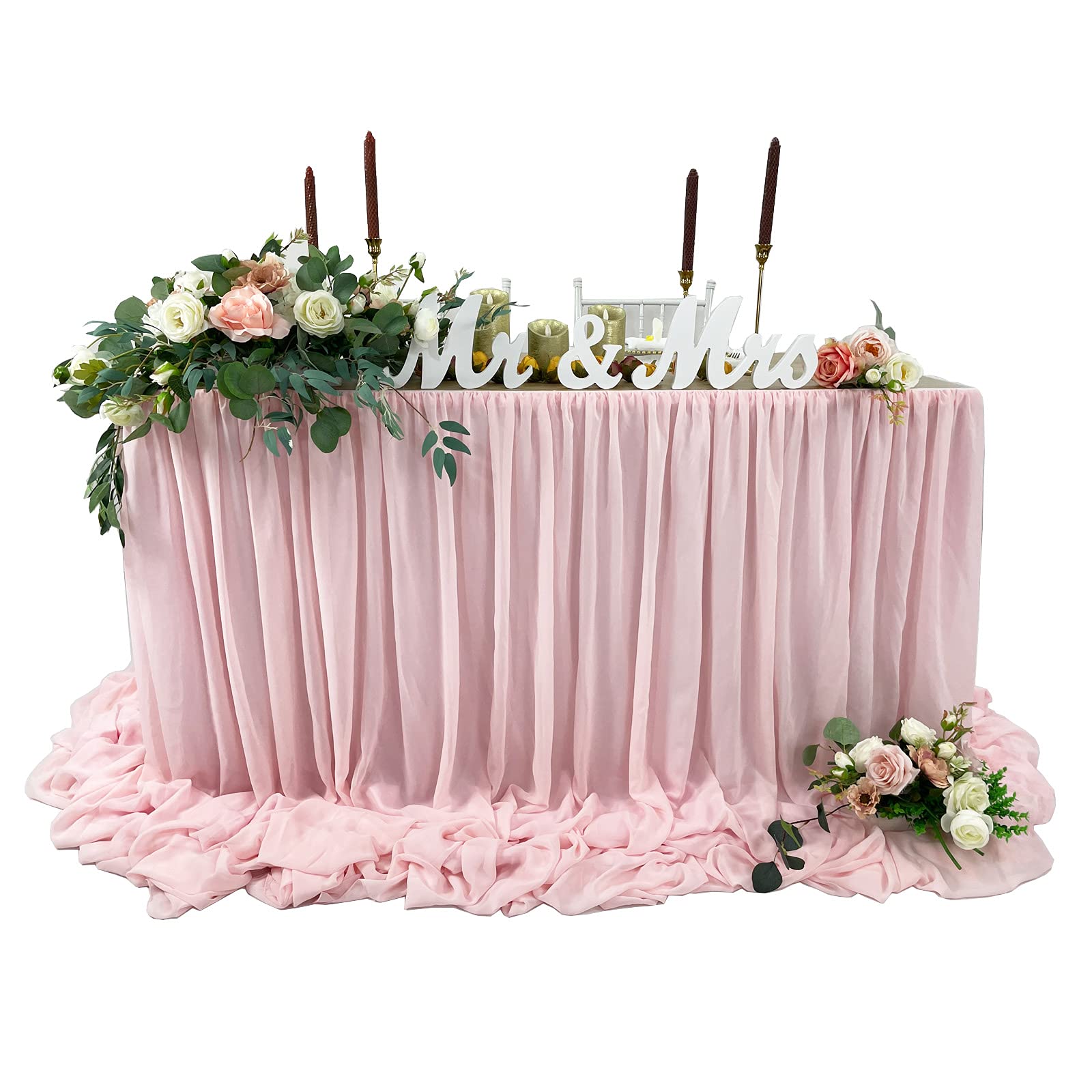 EHLDekol Pooling and Floating Chiffon Table Skirt, 6FT 9FT 14FT Sheer Tablecloth, Baby Shower, Birthdays, Wedding Table Skirt (Blush Pink, 9FT)