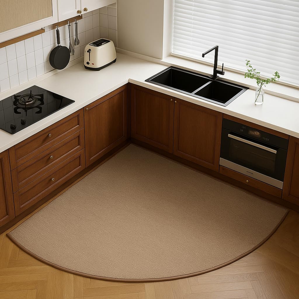 Loyareal Kitchen Corner Rugs Non Slip Washable, Rubber Backed Circular Sector Kitchen Mats for Floor, 39 in, Brown