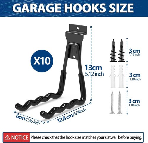 3-H Wave Shape Slatwall Hooks - Heavy Duty Storage Solution for Garden Tools & Garage | 10 Pack (Black)
