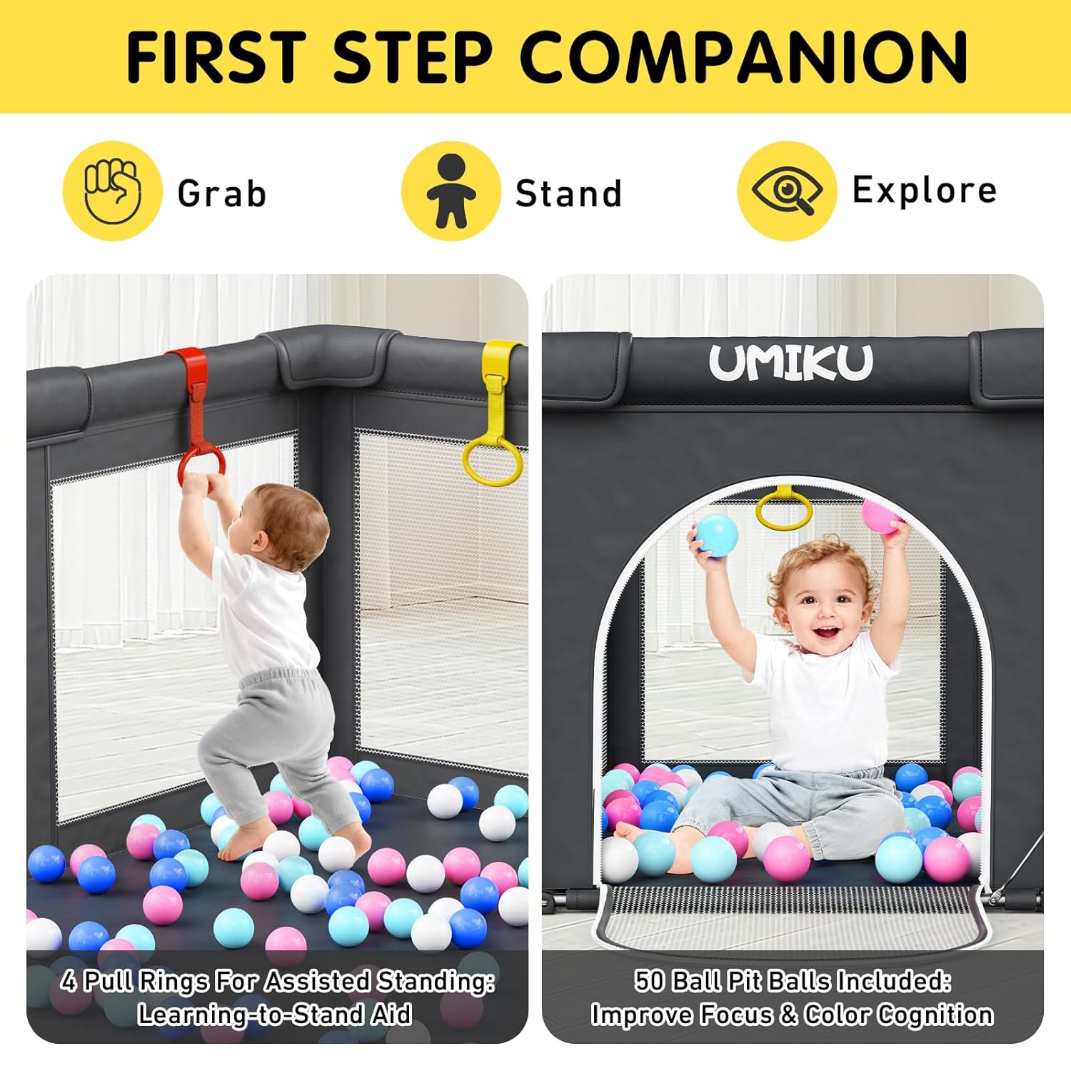 Skiennix Foldable Baby Playpen - Large Portable Play Yard for Toddlers | Indoor/Outdoor Use, 50"X50", Dark Grey