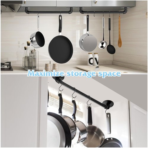 Boshangjia Pot Pan Rack Wall Mounted Set of 2, 21" Industrial Pipe Utensils Hanger Holder Pots Storage Organizer Iron Detachable Hanging Rail for Kitchen with 10 S Hooks…