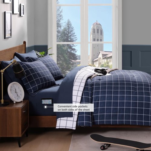 AMBERSPACE Plaid Twin XL Comforter Set Dark Blue, Reversible Checkered Bedding Set 5 Pieces for Boys Girls Teen, Lightweight Bed in a Bag for Dorm with Sheets, Pillowcase & Sham