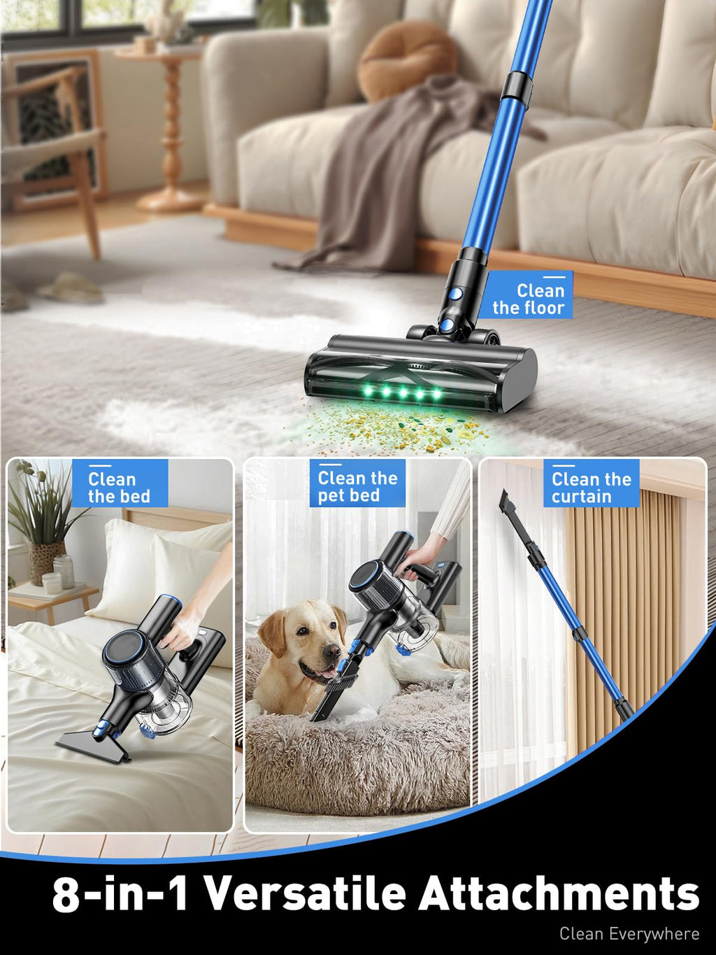 OUYFHK Cordless Vacuum Cleaner, 45000Pa/450W/50Mins Vacuum Cleaners for Home, 8-in-1 Stick Vacuum with LED Screen, Anti-Tangle, Lightweight Rechargeable Vacuum for Carpet Pet Hair Hardwood Floor Blue
