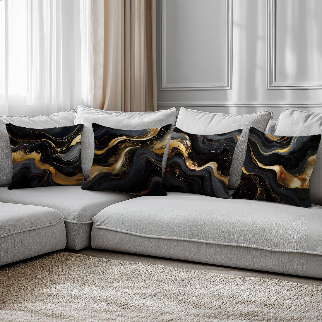 ORMAN Throw Pillow Covers 18 x 18 Inch Black Gold Fluid Cushion Case Decoration for Sofa Couch Set of 4,Farmhouse Home Decor for Sofa Living Room Couch Bed