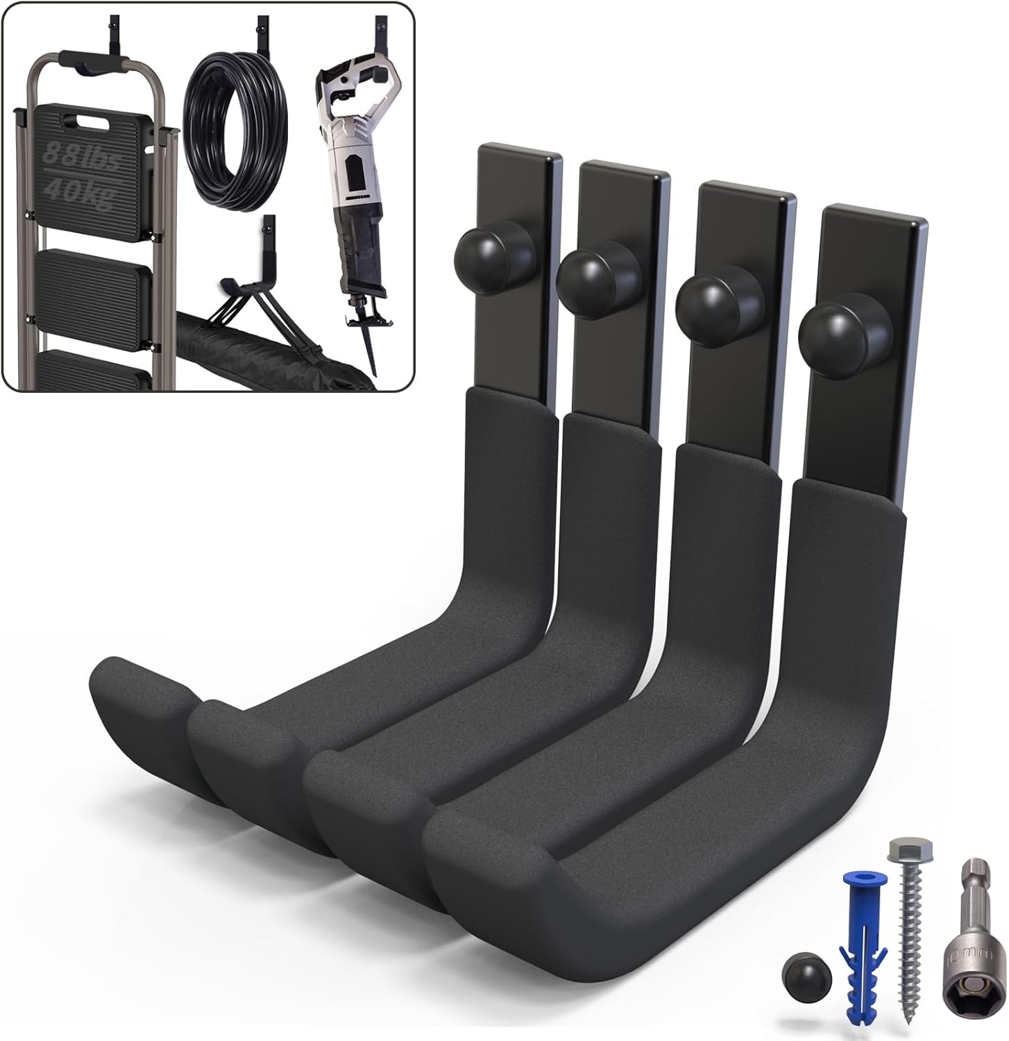 Skiennix Garage Storage Hooks - Heavy-Duty Steel Wall Mount Utility Hangers | 4 Pack, 88 lbs Capacity