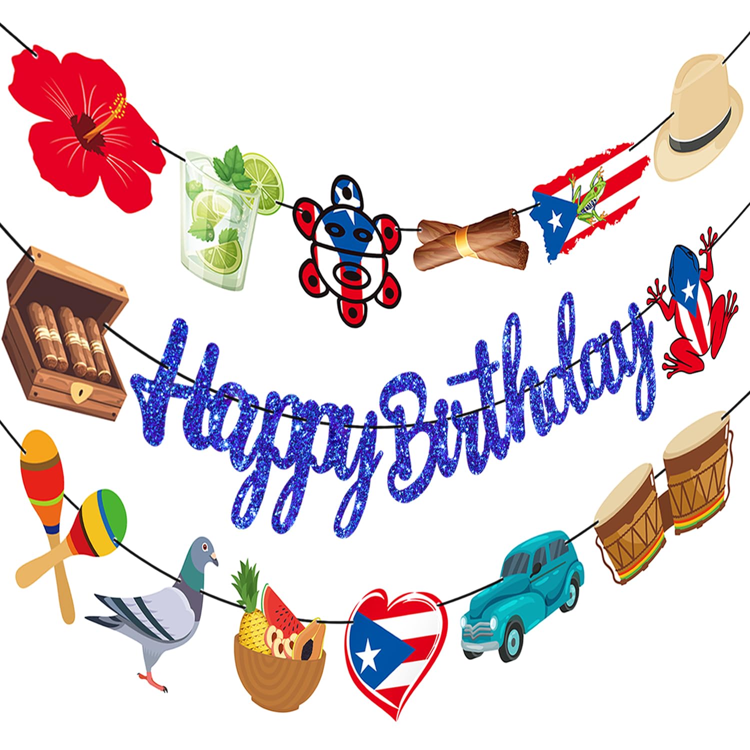 Puerto Rico Party Supplies Puerto Rican Birthday Banners Glitter Blue Puerto Rican Themed Decorations 3PCS Puerto Rican Flag Banners for Patriotic Anniversary Veterans Day Decor