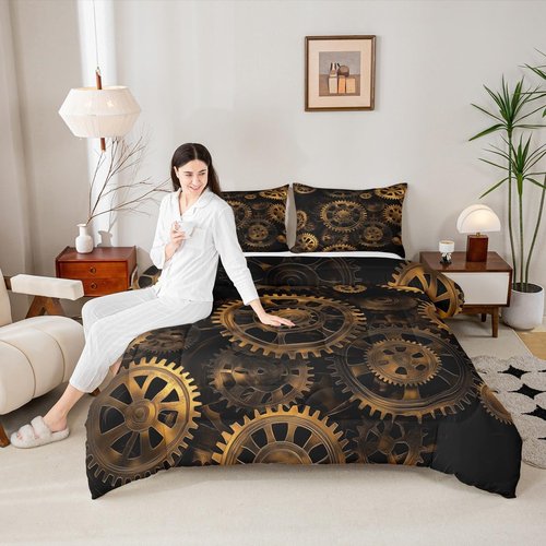 Golden Ndustrial Gear Comforter Set Twin Size Steampunk Style Bedding Set Clocks Theme Bedding Sets & Collections For Kids Boys Teens Men Mechanical Device Quilt Set,Retro Style Bedroom Decor