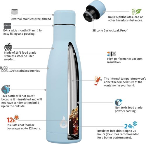 BJPKPK Insulated Water Bottle - 17oz Stainless Steel Thermal Bottle | Dishwasher Safe, Sky Blue