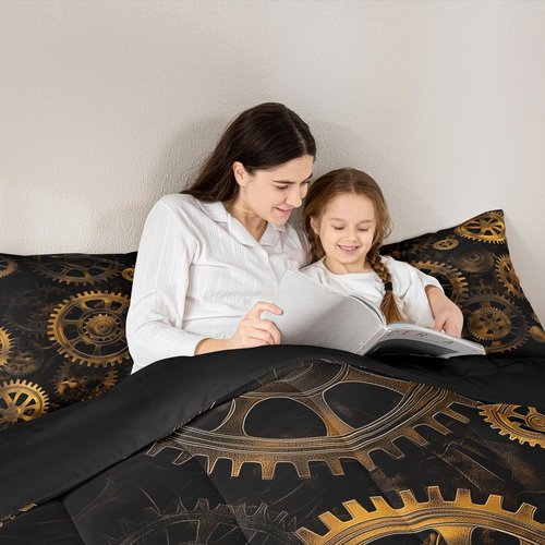 Golden Ndustrial Gear Comforter Set Twin Size Steampunk Style Bedding Set Clocks Theme Bedding Sets & Collections For Kids Boys Teens Men Mechanical Device Quilt Set,Retro Style Bedroom Decor