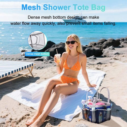 Haundry Mesh Shower Caddy - Portable Tote with 8 Pockets for College Dorms | Large Capacity, Dark Blue