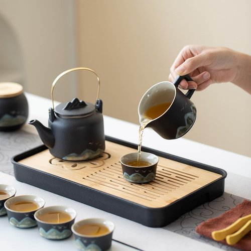 Simeiton Chinese Gongfu Tea Set, 15-Piece Ceramic Tea Service with Teapot, 6 Cups, Storage Jar, Tea Tray, Black and Teal Mountain Design with Gray Travel Case