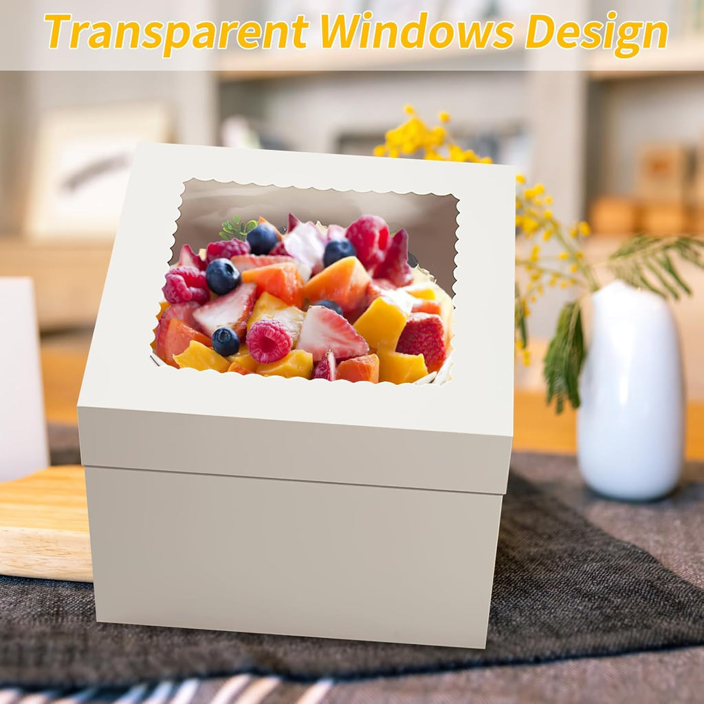 WINKIO 12-Inch Cake Boxes - Disposable Cake Transport Containers with Large Window | 4-Pack White Holders