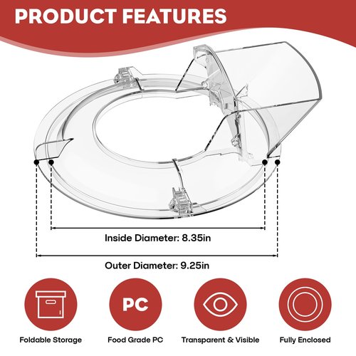 GVODE Pouring Shield for KitchenAid Mixer, Compatible with KitchenAid 4.5-5 QT Tilt-Head Stand Mixers, Detachable Body with Flip-top Feed-inlet Lid, Fits Stainless-Steel, Glass, and Ceramic Bowls.