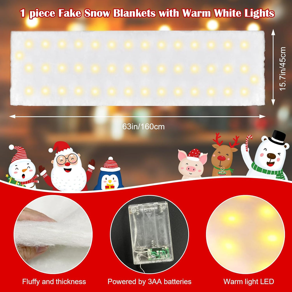 Skiennix Christmas Snow Blanket - 1.3x5.25 Ft Faux Snow Roll with 50 LED Lights | Winter Village Decor