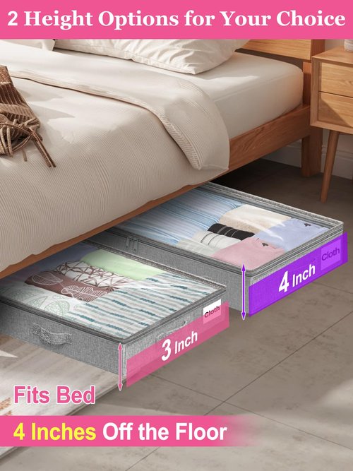 3-Inch High Under Bed Storage Containers, Low Profile Underbed Bins, NO RIGID STRUCTURE, Foldable Clothes Storage Organizer w/Lid & Zipper, Shallow Storage for Low Beds, Couches & Cribs, 2-Pack, Gray