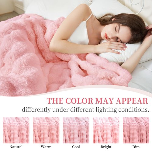 Faux Rabbit Fur Throw Blanket for Couch, Fluffy Warm Plush Thick Bubble Blanket for Bed Sofa Living Room, Soft Cozy Furry Blanket, 50x60 inches, Pink