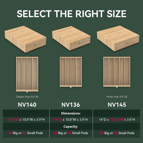 WELL WENG for Nespresso Vertuo Capsules (NV145) - Premium Bamboo Coffee Pod Drawer, 45 Big or 60 Small Vertuoline Pods Organizer - 13.25"Wx14"Dx3.9"H (Natural)