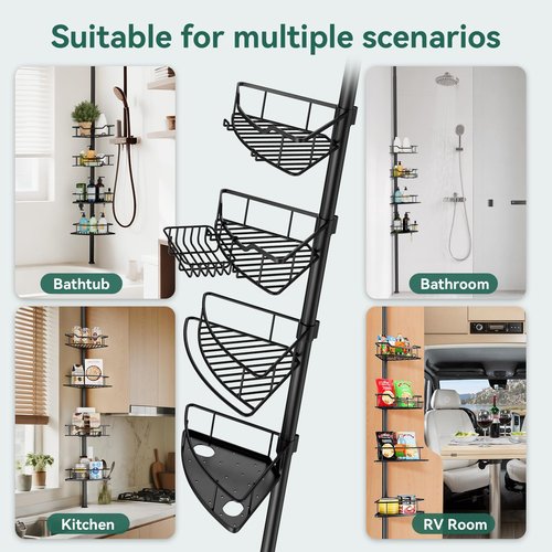 Dimyno Corner Shower Caddy Tension Pole, 4 Tier Rustproof Shower Tension Rod Organizer, Adjustable 25-125 Inch Bathroom Shower Organizer Shelves for Bathtub Shampoo Storage, Black