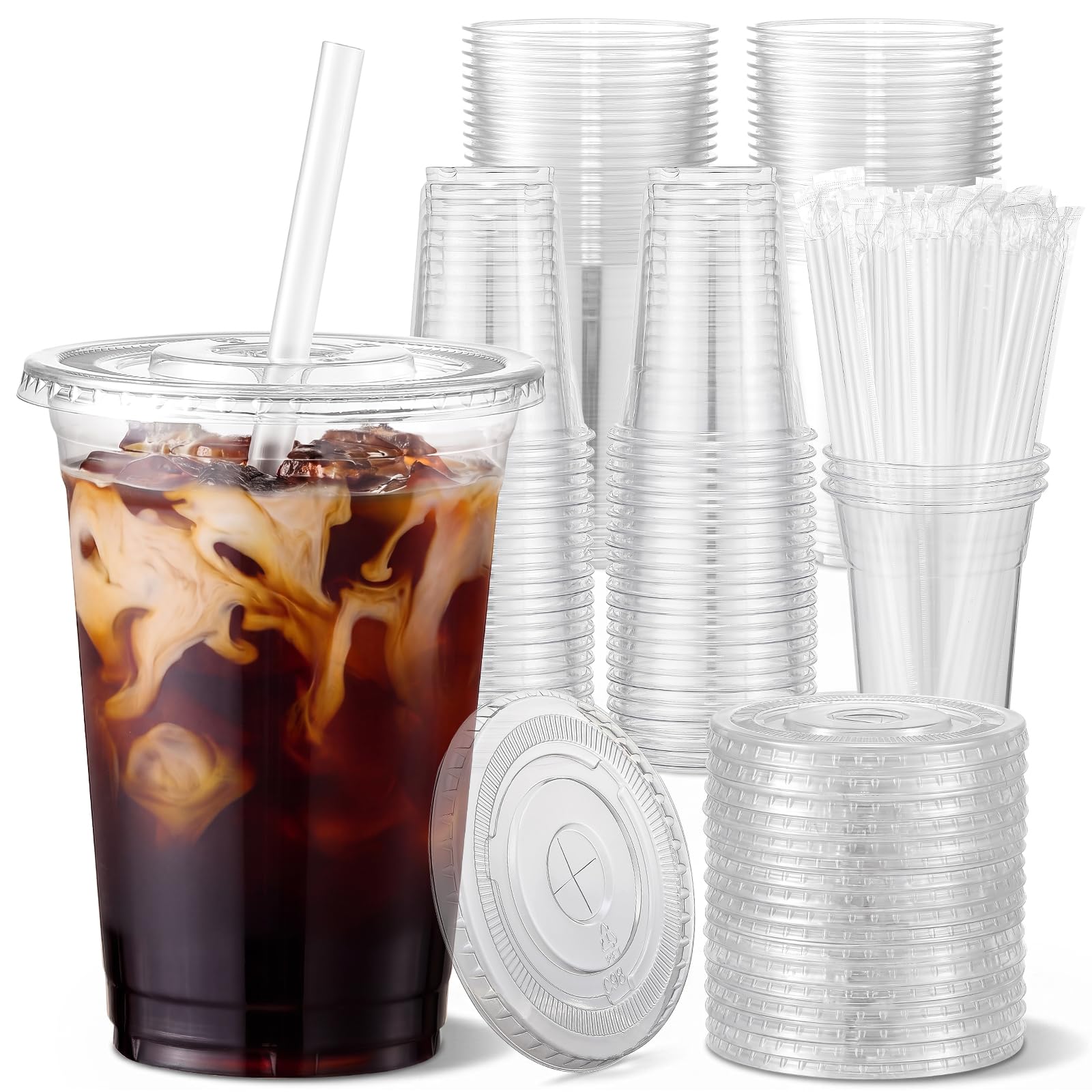 VITEVER [100 Sets - 24oz] Plastic Cups with Lids and Straws, Disposable Cups for Iced Coffee, Smoothie, Milkshake, Cold Drinks - Clear