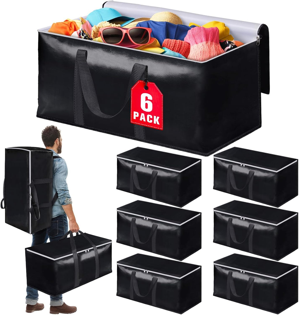 Skiennix Heavy-Duty Moving Bags - Extra Capacity Storage Totes with Backpack Straps | 6 Pack, Black