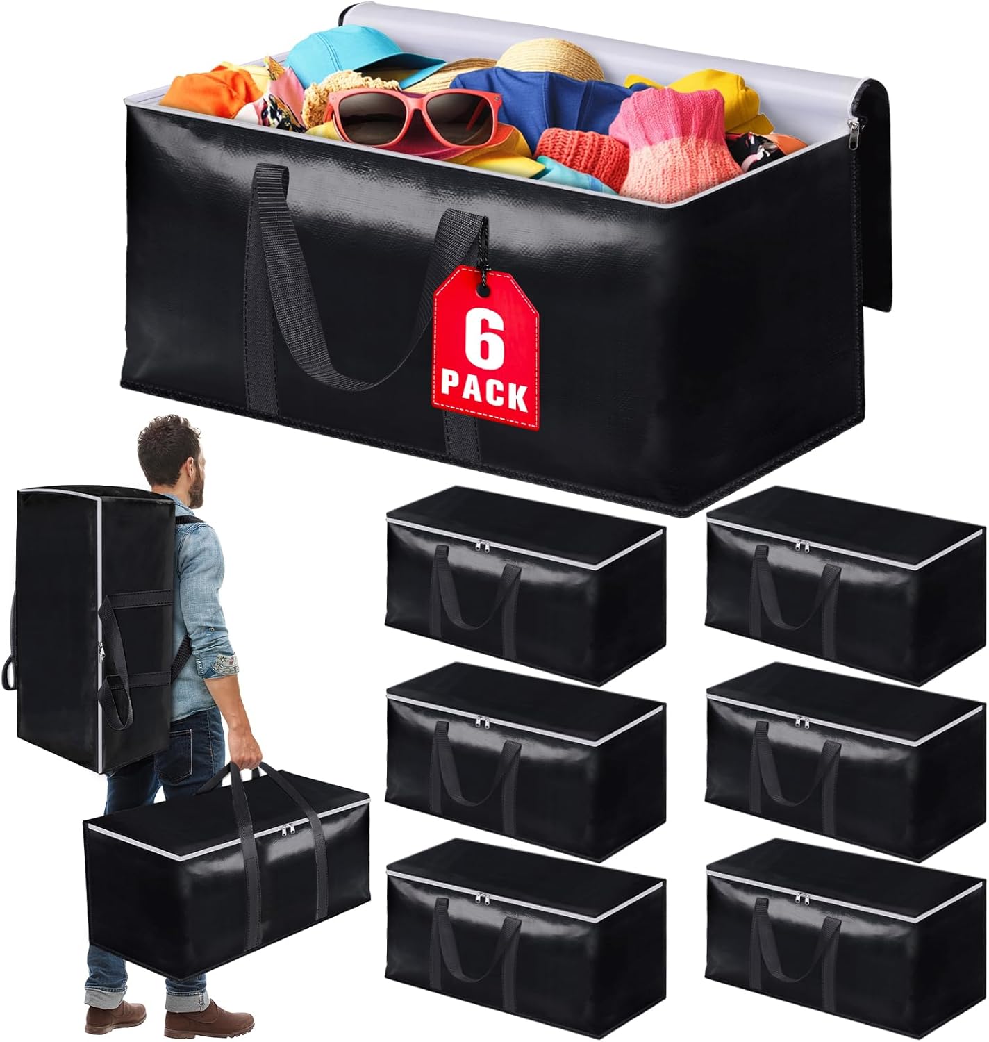 Skiennix Heavy-Duty Moving Bags - Extra Capacity Storage Totes with Backpack Straps | 6 Pack, Black