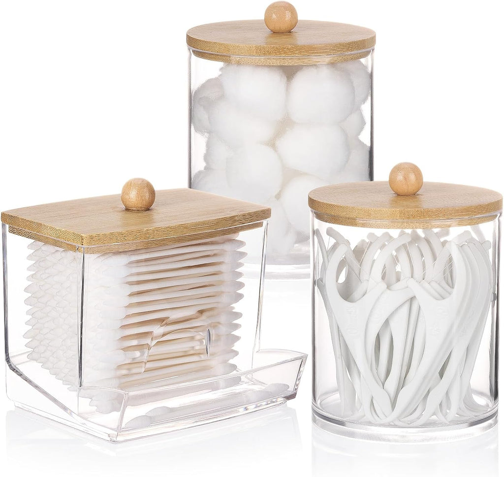 Tbestmax Cotton Swab Dispenser - Stylish Bathroom Organizer with Bamboo Lid | 10/12 oz Apothecary Jar