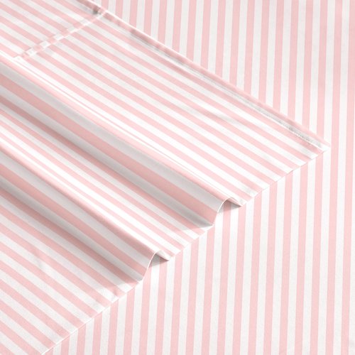 Wake In Cloud - Striped Bed Sheets, 4-Piece Sheet Set, Ticking Vertical Pin Stripe Modern Farmhouse Pattern Printed Bedding, Deep Pocket, Pink White, Full Size