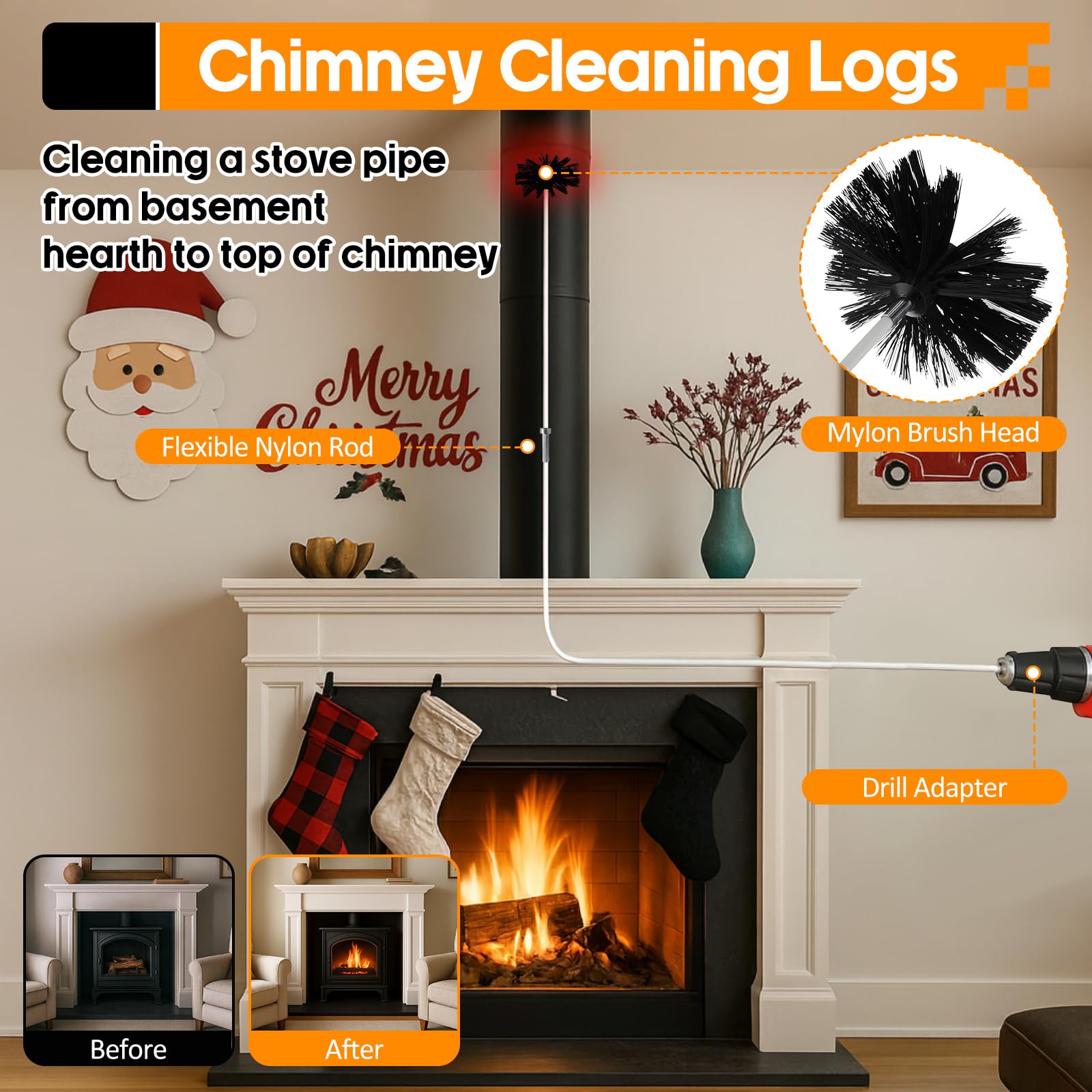 Teecyhooo 30 Feet Chimney Sweep Kit, Dryer Vent Cleaning Brush Kit, 2 Pcs 6 Inch Brush Head Chimney Sweep Tools with Flexible Nylon Rod and Glove for Flue Fireplace Sewage Pipe Hood