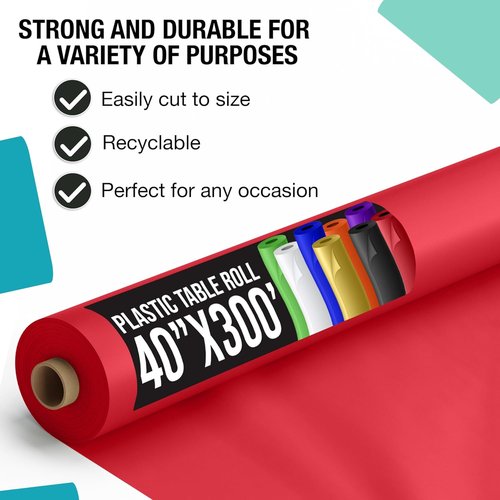 Exquisite Red Plastic Table Cover Roll - Premium 0.5 MIL Thick, 40" x 300' | 4 Pack Disposable Tablecloths