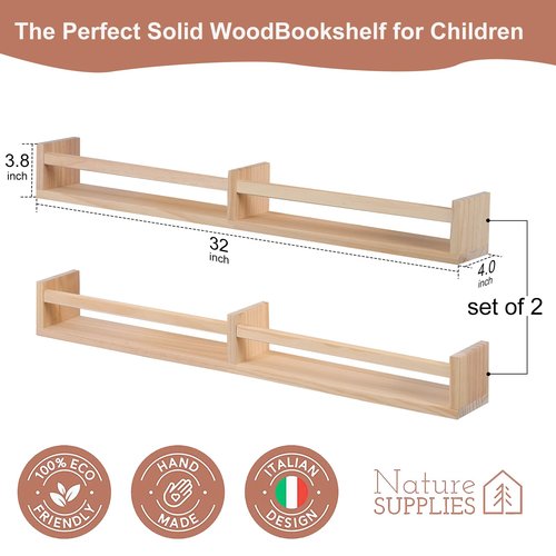 birola Nursery Shelves for Wall 32inches Set of 2，Natural Wood Wall Bookshelves for Kids Room - Floating Nursery Bookshelves (32inches Set of 2)