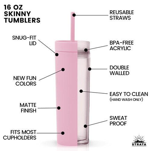 STRATA CUPS Pink Skinny Tumblers with Lids and Straws (12 pack) - 16oz Double Wall Acrylic Tumbler, Tall Matte Skinny Tumblers, Bulk with Free Straw Cleaner, Reusable Cups