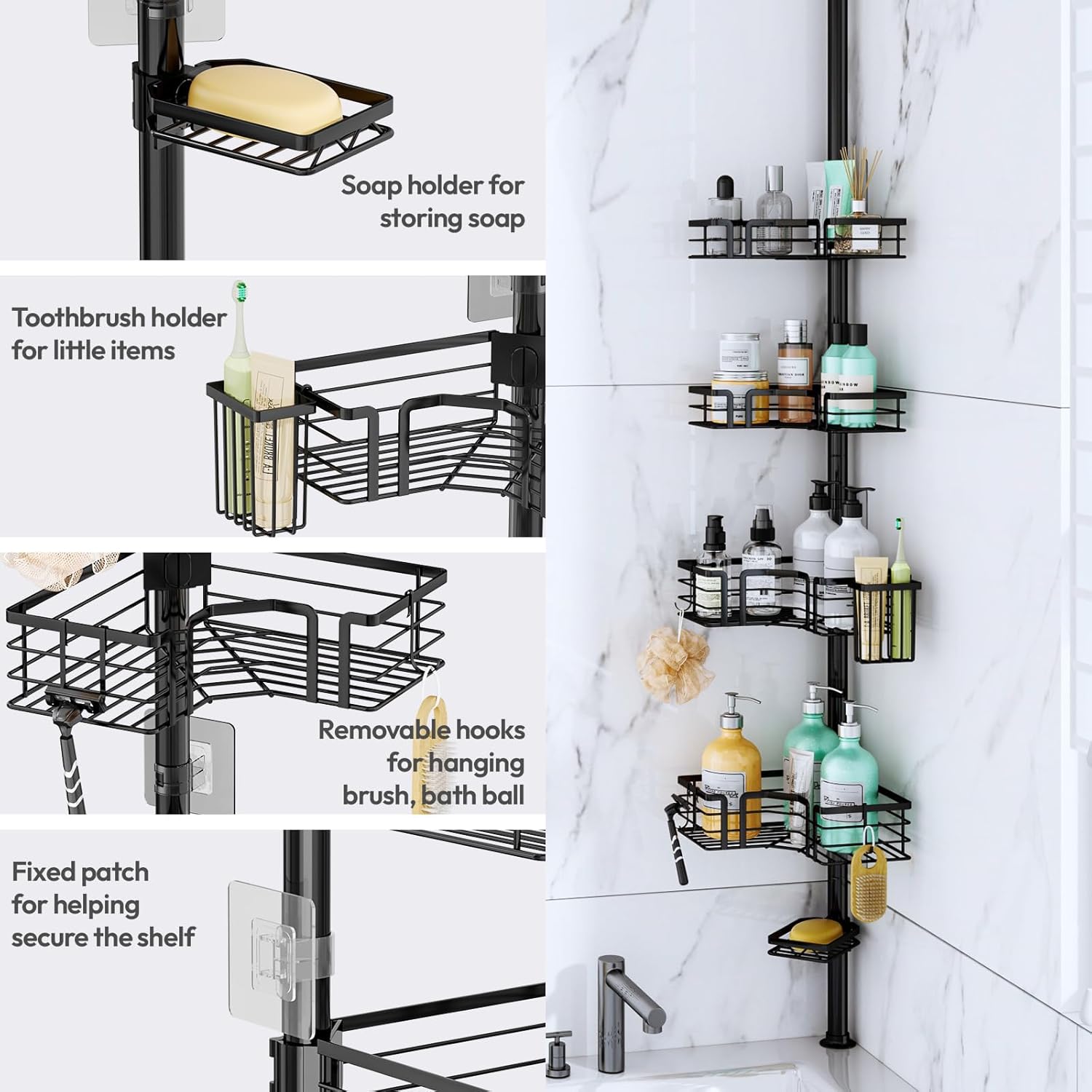 SWTYMIKI Shower Caddy Tension Pole - 4-Tier Adjustable Bathroom Organizer with Soap Holder & Hooks | Black 27.6-108.3 Inch