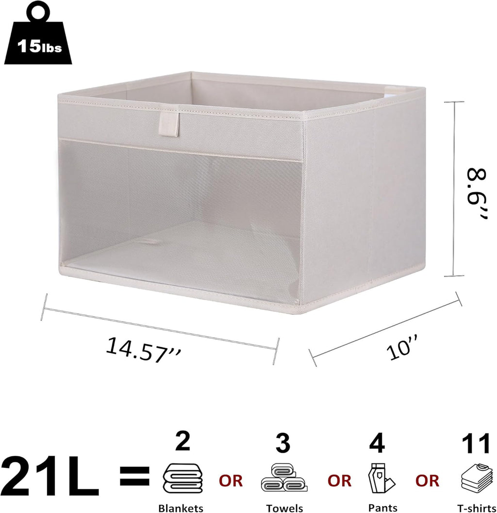 WUIKE Fabric Storage Bins - Large Foldable Organizer Baskets with Clear Window | Beige, 3-Pack