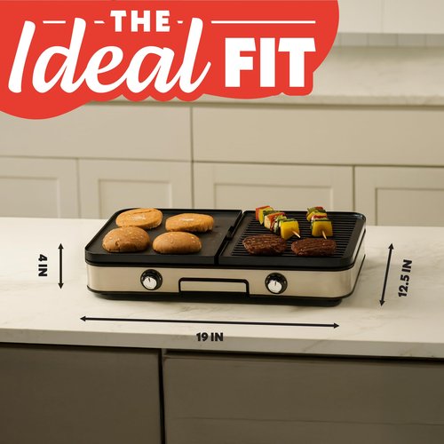 Gourmia 3-in-1 Indoor Grill & Griddle Electric Combo – Dual Independent Cooking Zones, Reversible Nonstick Ceramic Plates, XL Cooking Surface, 250–400°F Adjustable Temp, Dishwasher Safe