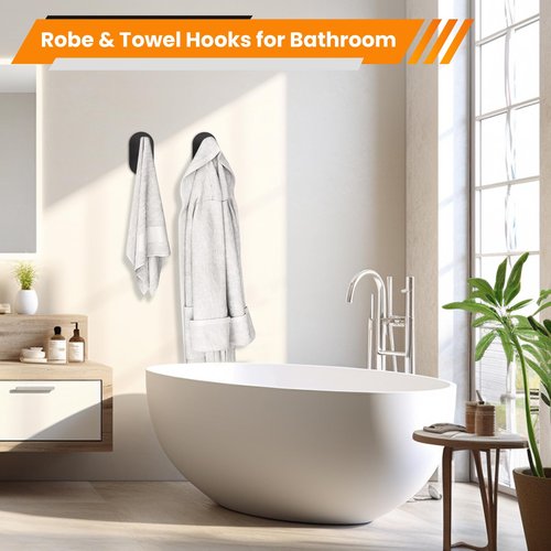 Aikzik Black Adhesive Hooks Heavy Duty, Wall Hooks for Shower, Bathroom, Towel, Coat, Robe, Stainless Steel Hooks for Hanging, Waterproof & Rustproof Sticky Hooks for Walls No Damage- 4 Pack