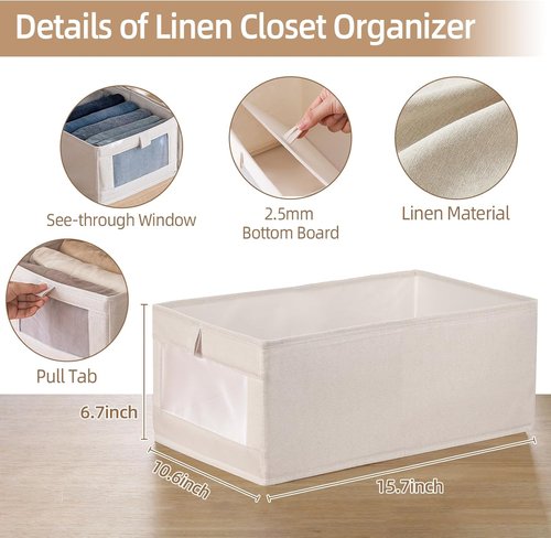 Linen Closet Organizers - 6 Pack Foldable Storage Bins with Clear Window for Clothing & Jeans