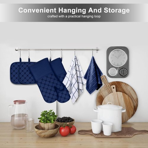 Oven Mitts Kitchen Towels Dishcloths with Pot Holders Sets 12PCS,Dish Towels Sets,Oven Gloves Pot Pads Heat Resistant 500 Degrees with Non-Slip Silicone Surface for Cooking Baking Grilling-Marine Blue