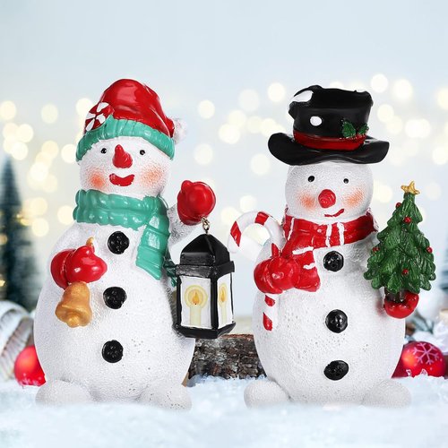 Amosfun Christmas Snowman Figurines - 2pcs Resin Ornaments for Holiday Decor | 6 Inch Tall Centerpieces