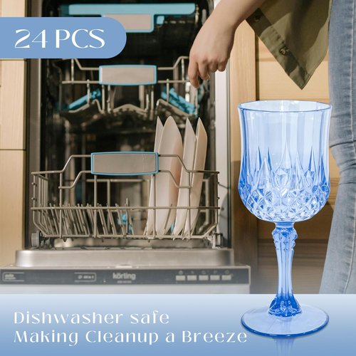 CHLJAR 48 PCS Blue Plastic Wine Glasses 7oz, Reusable Drinkware Vintage Plastic Goblets for Parties Baby Shower Wedding Reception Grand Event Party, Blue