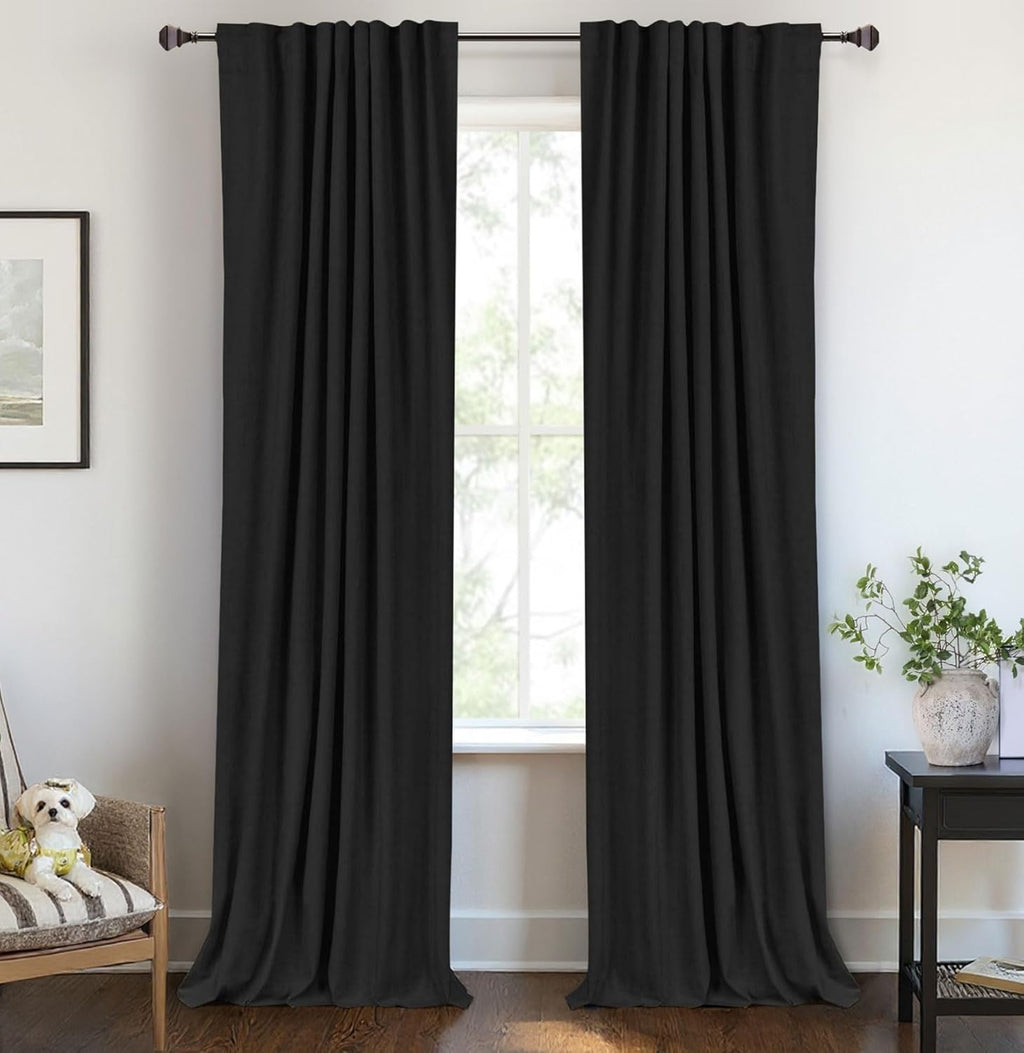 Skiennix 100% Blackout Linen Curtains - Thermal Insulated Drapes for Bedroom | 50" W x 108" L, Black